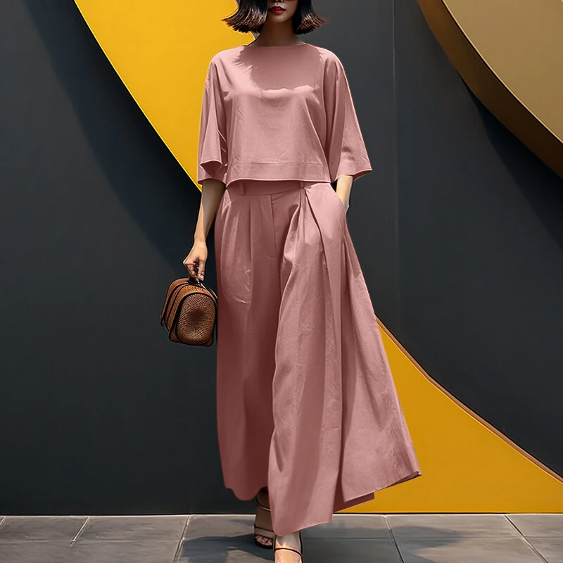 ZANZEA Women Two-piece Outfits 3/4 Sleeve O-Neck Top Elastic Waist Pleated Wide Leg Pants Sets (image for) ZANZEA Women Two-piece Outfits 3/4 Sleeve O-Neck Top Elastic Waist Pleated Wide Leg Pants Sets